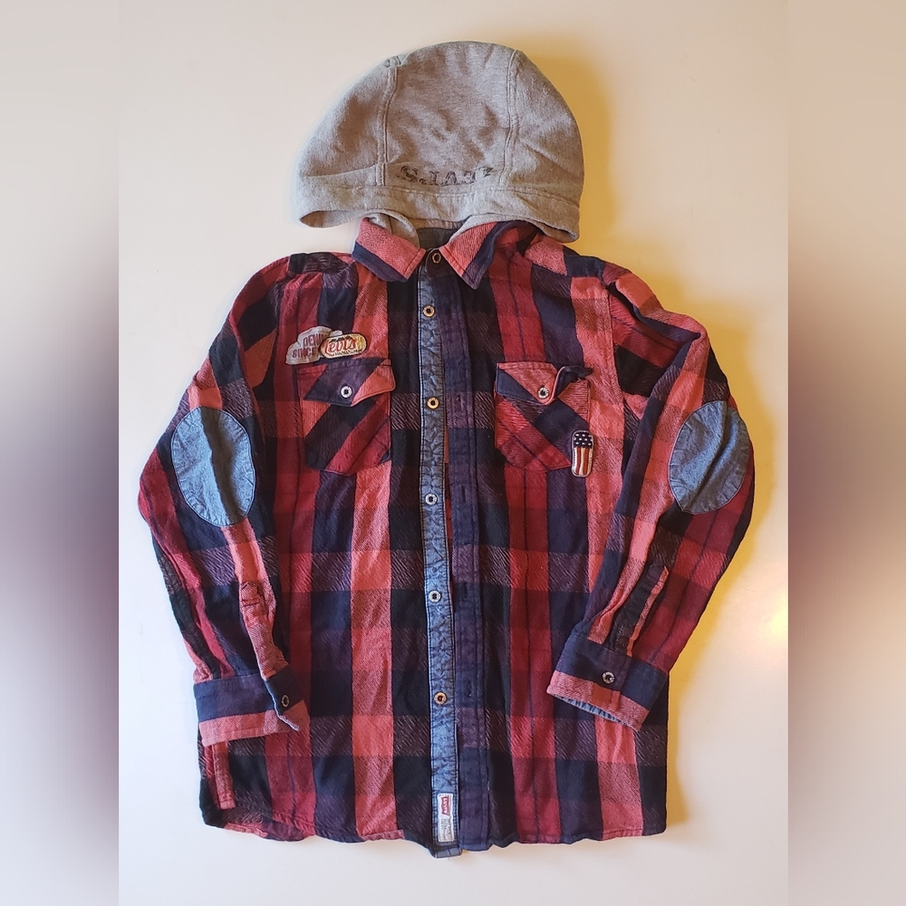 Levis Boys Red Long Sleeve Hooded Button Up Plaid Shirt Flannel Size L (14/16)